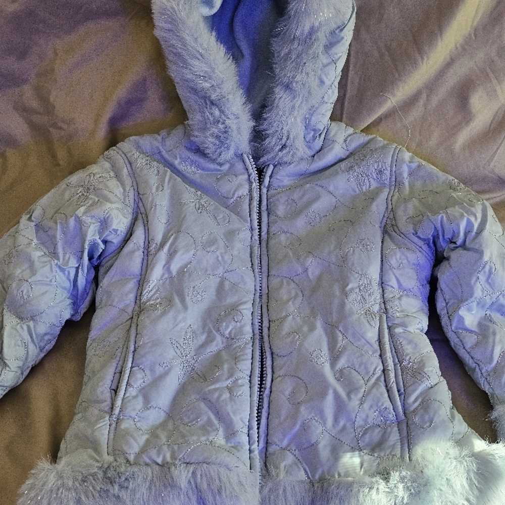 Kids Light Blue Hooded Jacket with Fur faux Trim size 5 girl